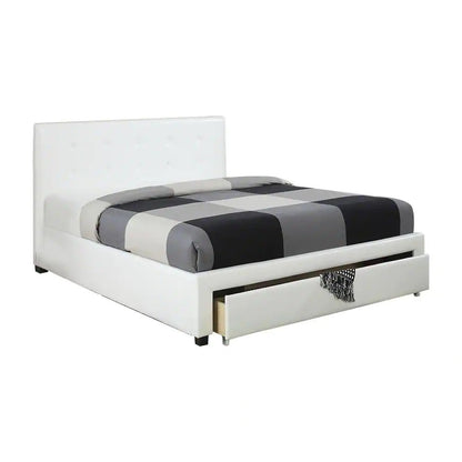 Elegant White Queen Size Bed with Faux Leather Upholstery and Under Bed Storage