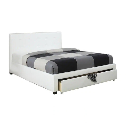 Elegant White Queen Size Bed with Faux Leather Upholstery and Under Bed Storage