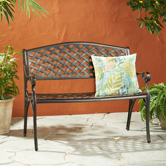 Cast Aluminum Bench Outdoor Patio Seating 40.75 In Long by 22.85 In Wide, Weather Resistant Copper