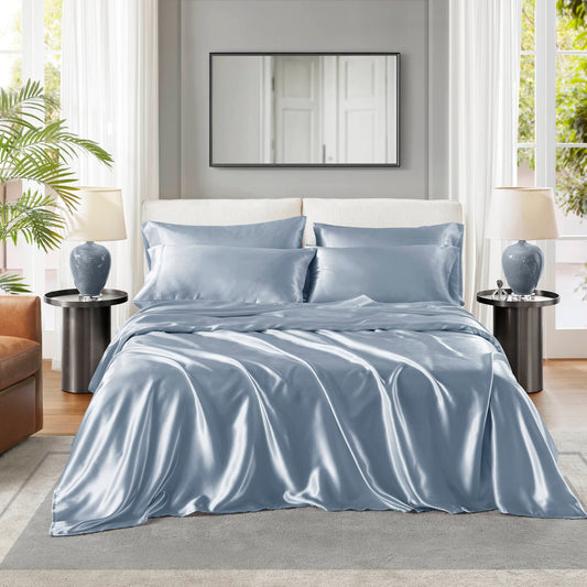 King 6-Piece Satin Luxury Sheet Set Flat 108x102 Fitted 78x80+14 4 Pillowcases 100% Polyester Blue