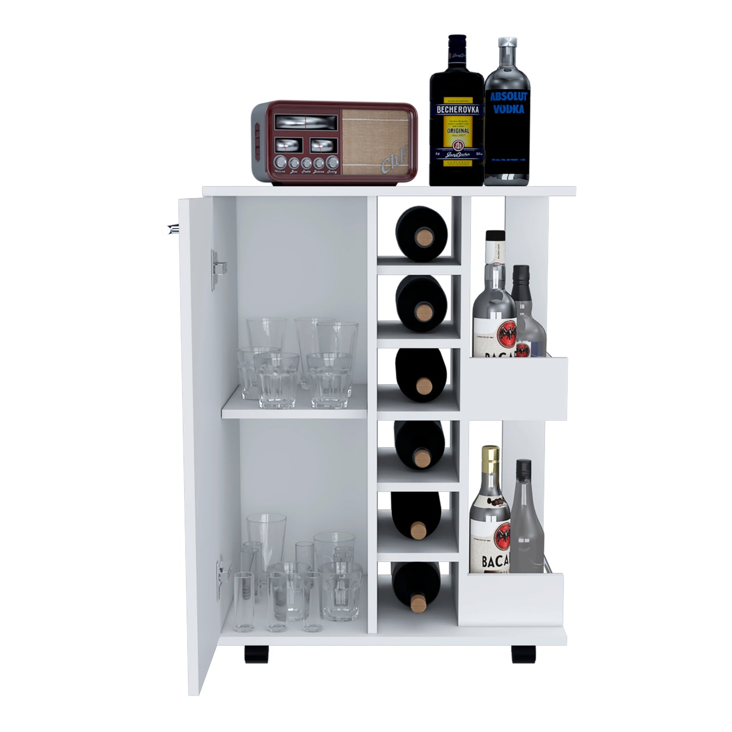 Stylish 32 Inch White Bar Coffee Cart With Storage Cabinet