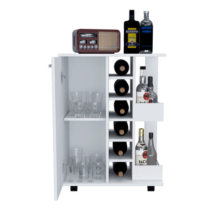Stylish 32 Inch White Bar Coffee Cart With Storage Cabinet