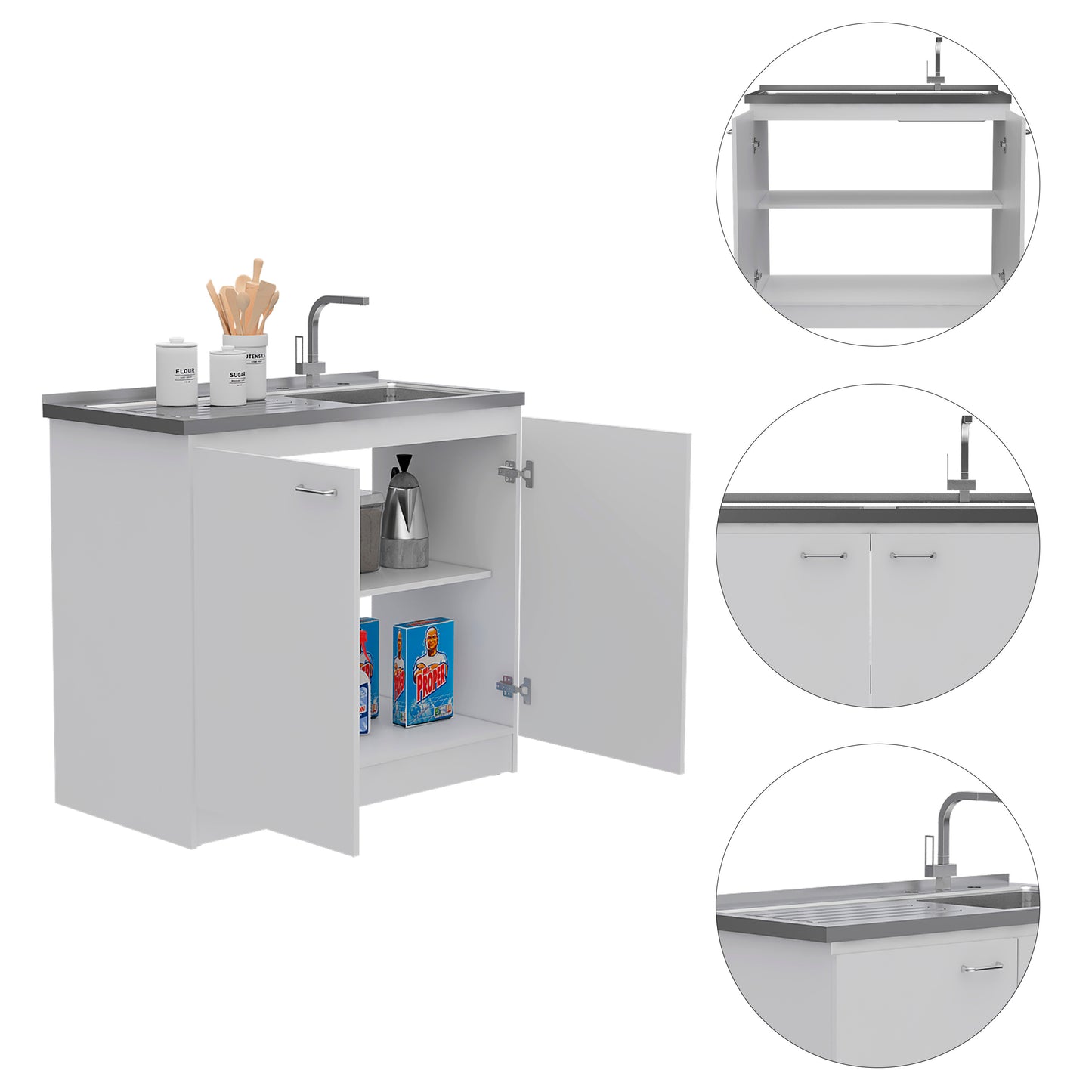Oklahoma Modern Utility Sink Cabinet with Stainless Steel Top and Double Doors