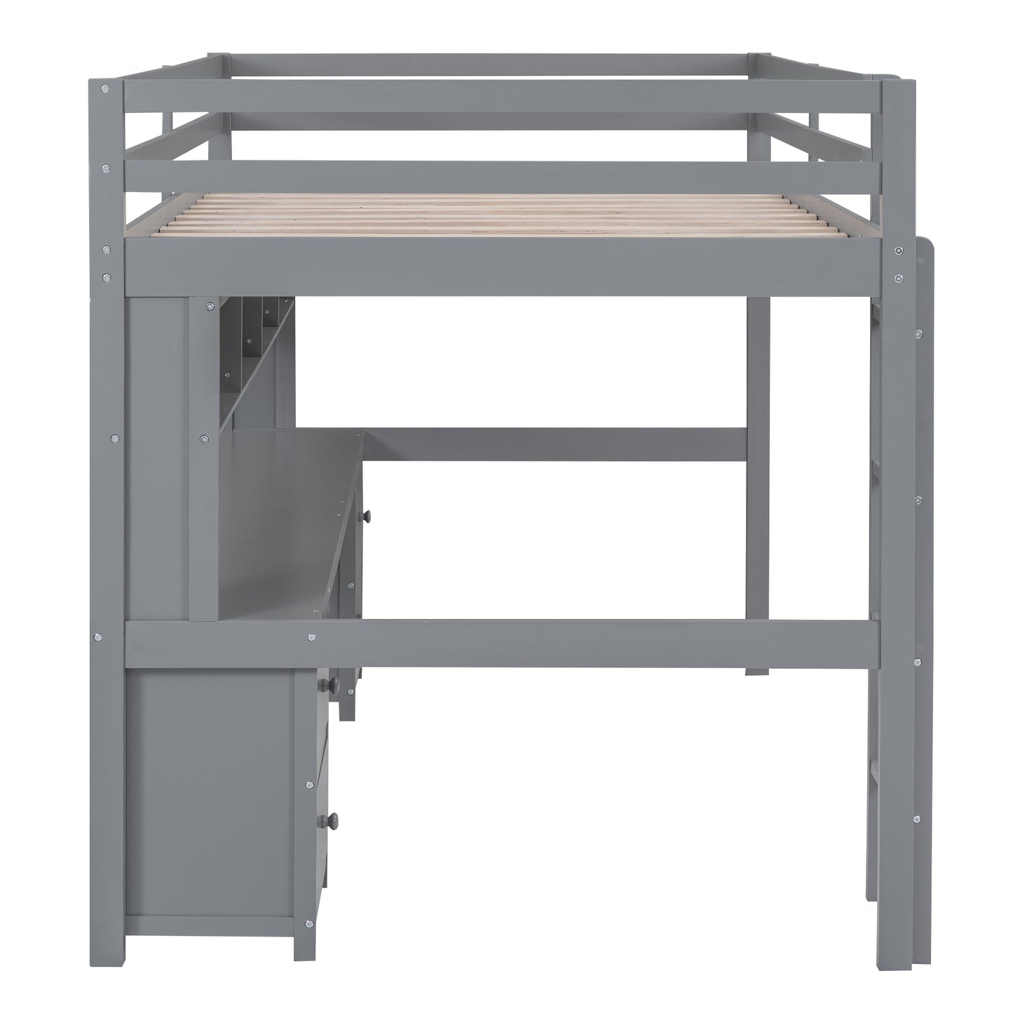 Gray Full Size Loft Bed with Integrated Desk, Storage Solutions, and Charging Station
