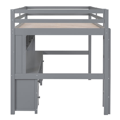 Gray Full Size Loft Bed with Integrated Desk, Storage Solutions, and Charging Station