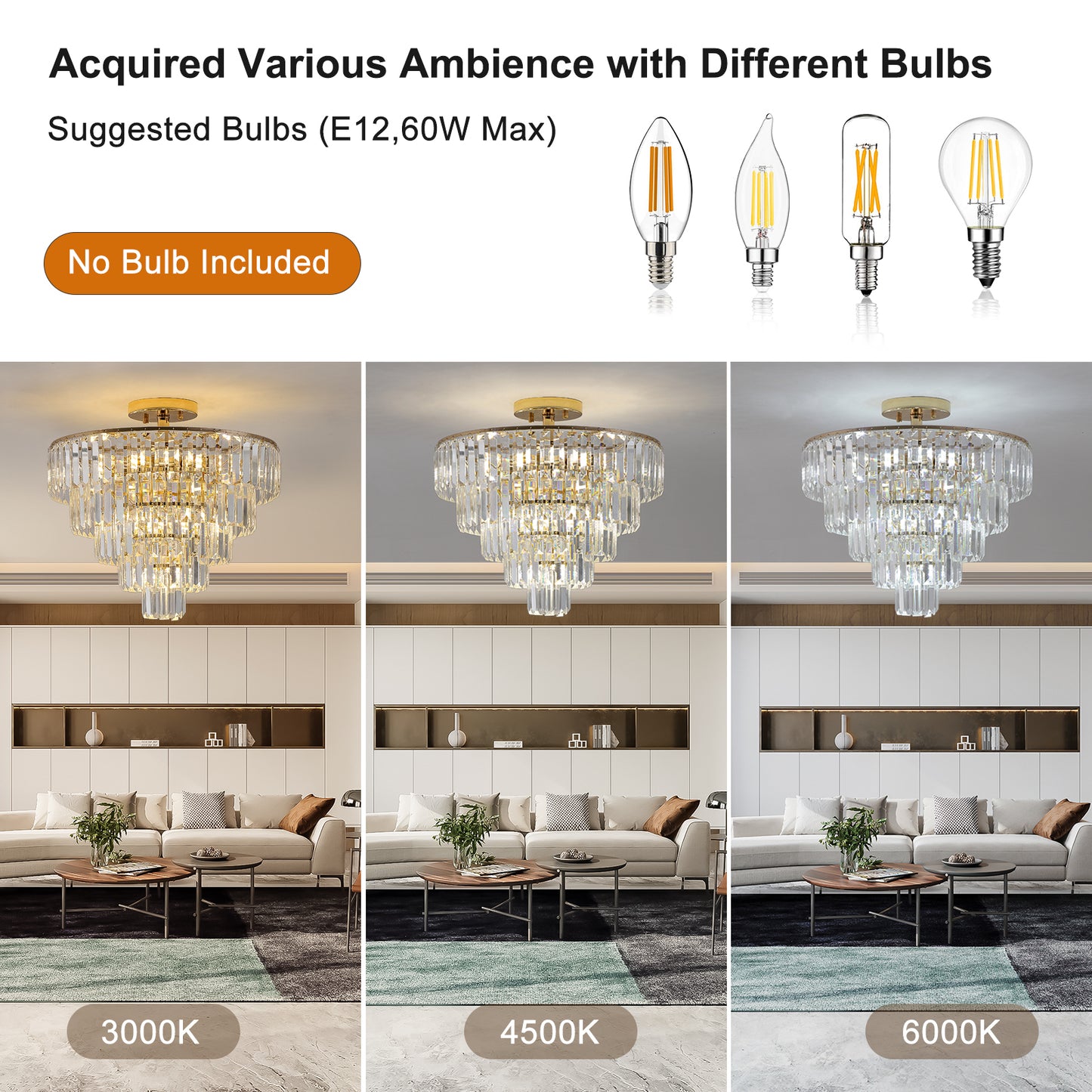 5-Tier Round Crystal Chandelier, Semi-Flush Mount, Living Room/Dining Hallway, 19.3x19.7in, Gold