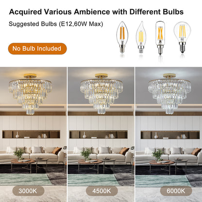 5-Tier Round Crystal Chandelier, Semi-Flush Mount, Living Room/Dining Hallway, 19.3x19.7in, Gold
