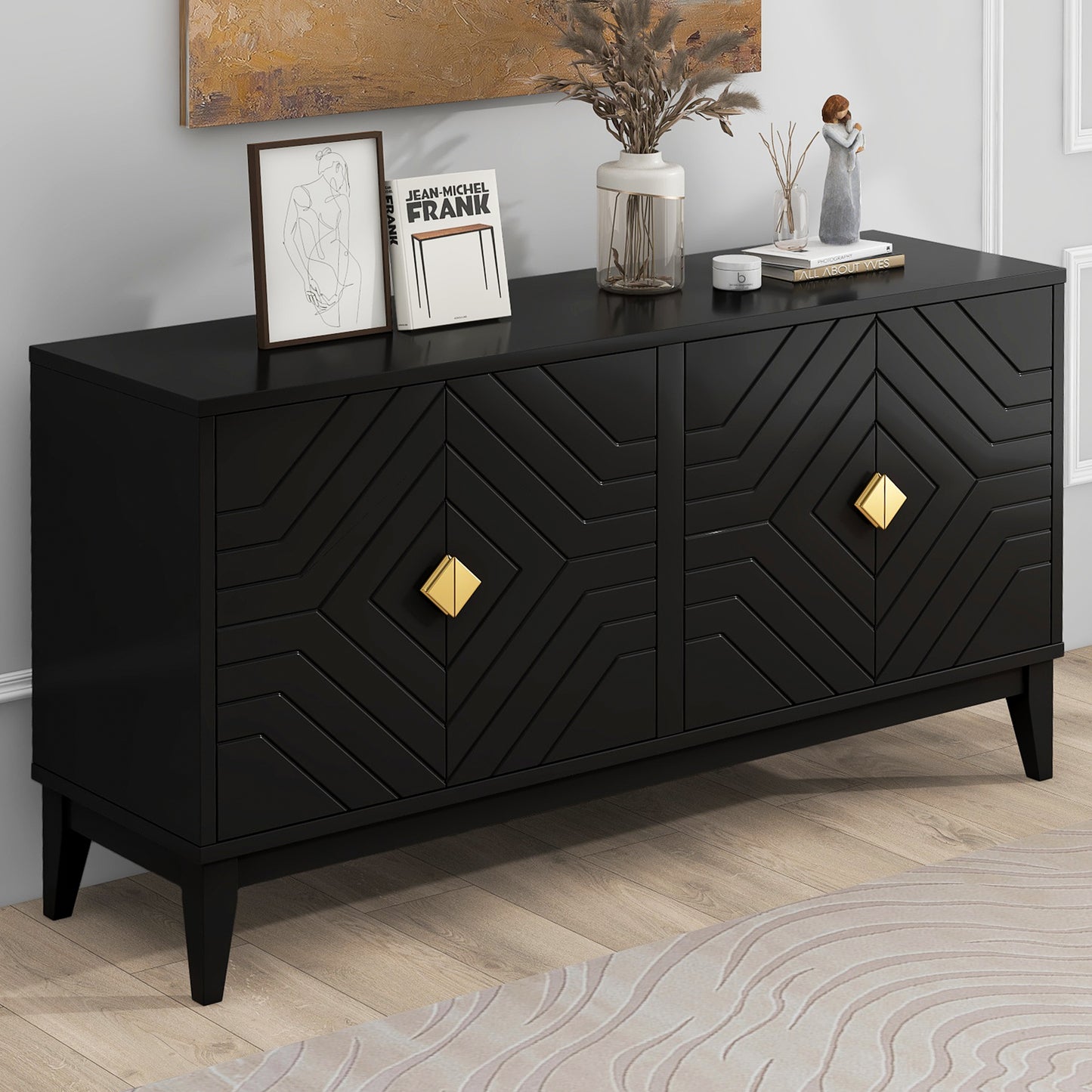 4-Door Sideboard Storage Cabinet for Living Room and Dining Room, Two Large Cabinets with Gold Handles and Adjustable Shelf, Black