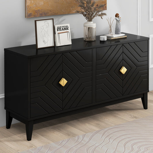 4-Door Sideboard Storage Cabinet for Living Room and Dining Room, Two Large Cabinets with Gold Handles and Adjustable Shelf, Black
