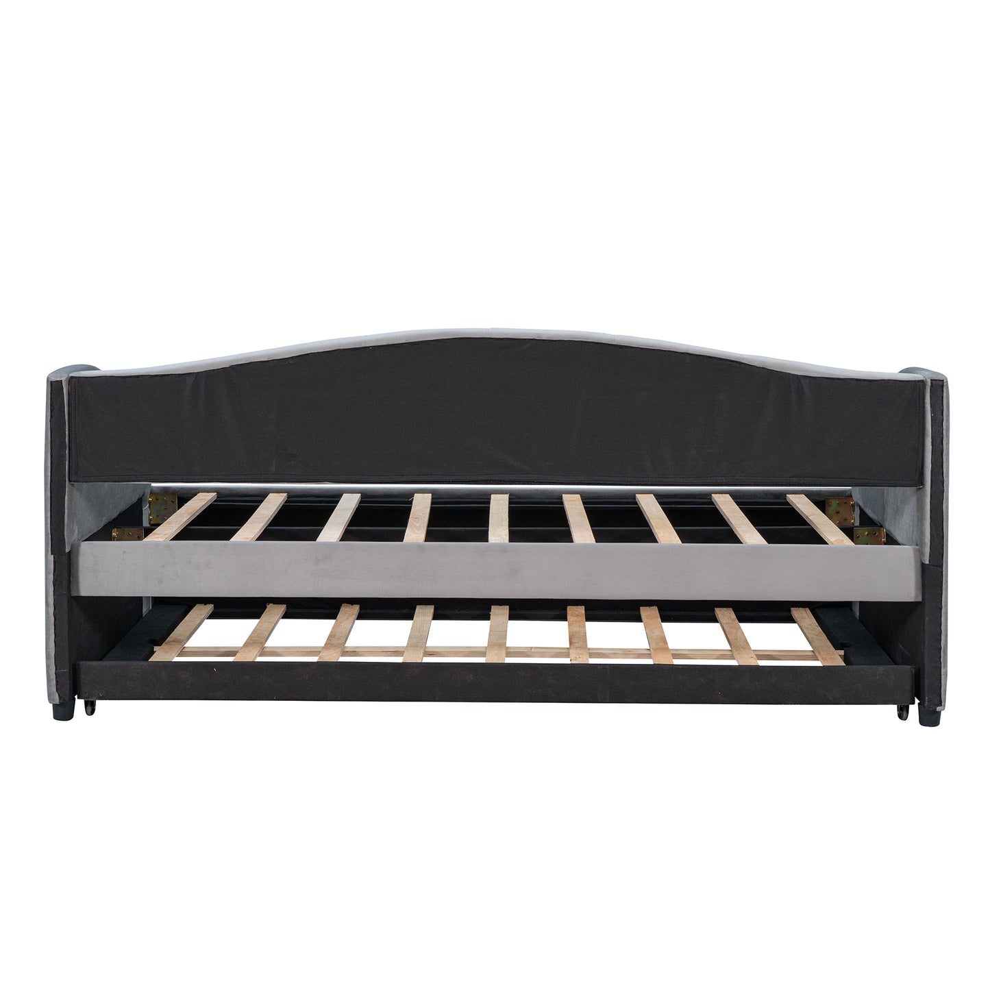 Elegant Gray Upholstered Twin Daybed Sofa with Trundle and Wooden Slats