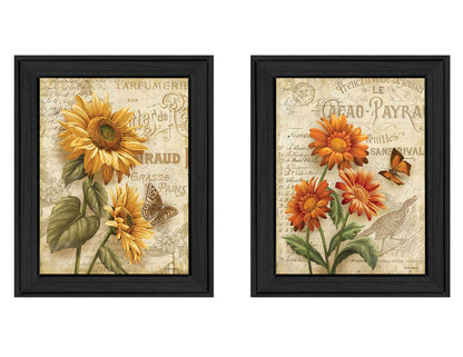 Flowers Collection 2-Piece Floral Wall Art Vignette Ready-To-Hang Framed Poster 28x18 in Multicolor Black