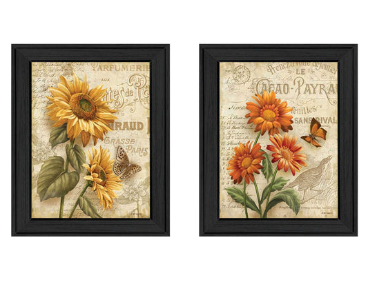 Flowers Collection 2-Piece Floral Wall Art Vignette Ready-To-Hang Framed Poster 28x18 in Multicolor Black