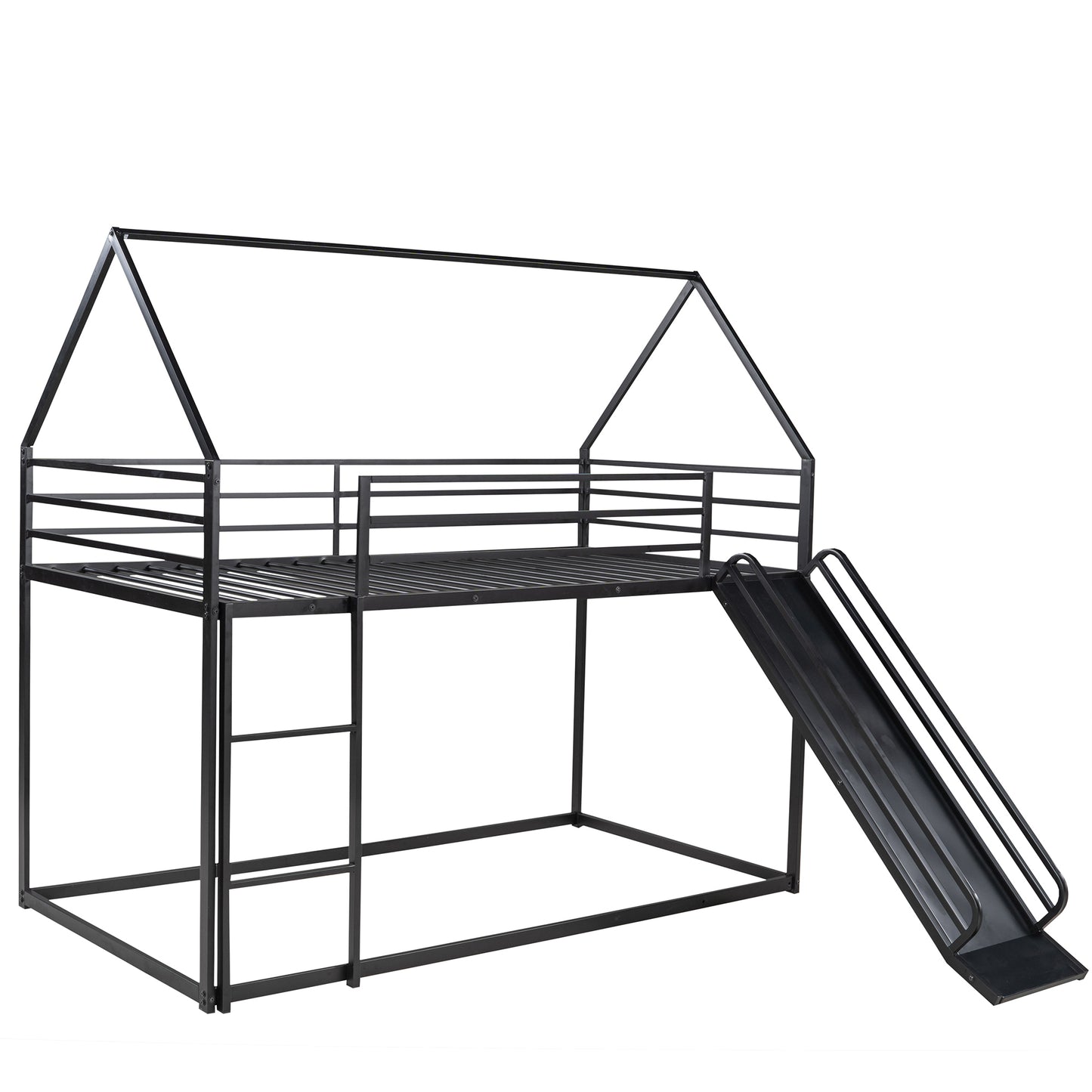 Twin House Bunk Bed with Slide and Ladder in Black for Kids