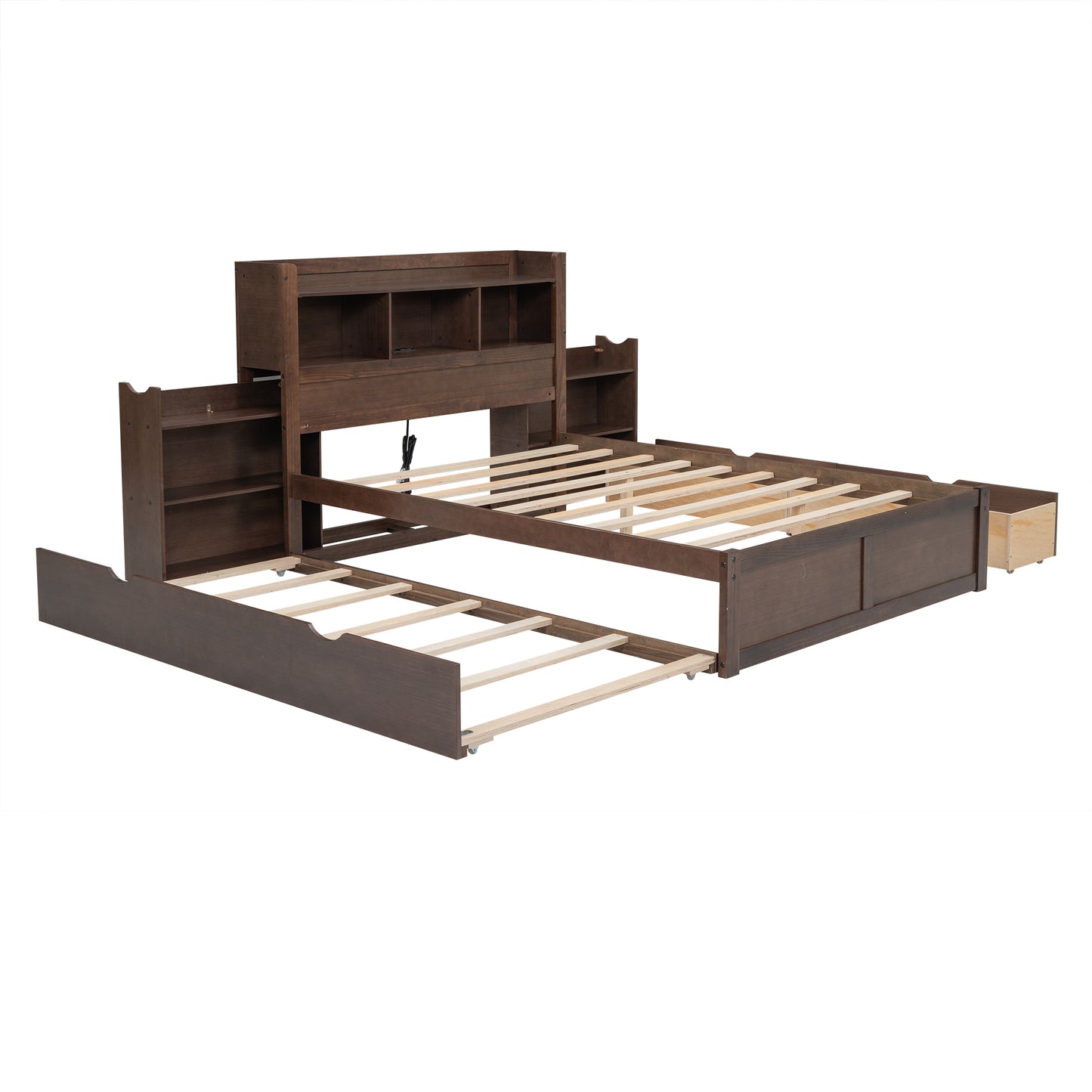 Espresso Full Size Storage Bed with Trundle and Dual Drawers, Pull-Out Shelving System