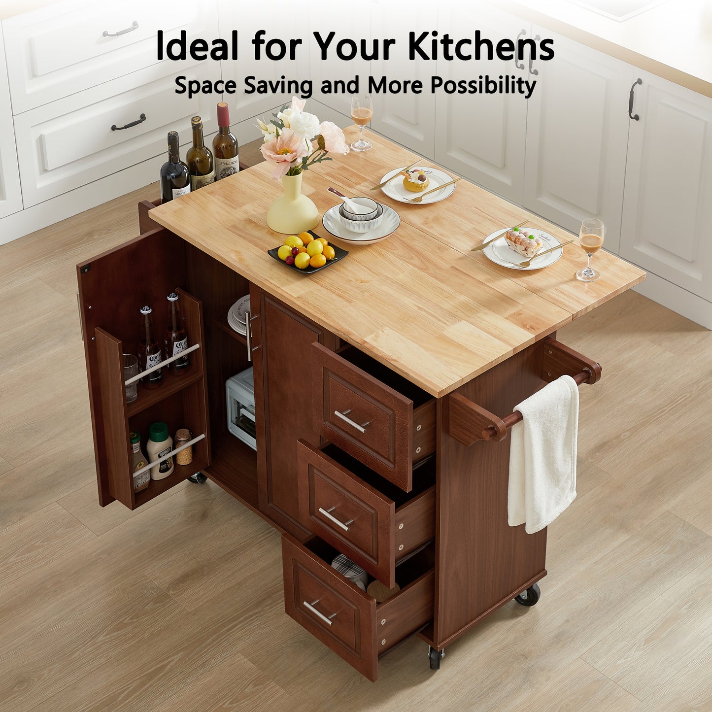 Rolling Kitchen Island Cart with Drop Leaf Tabletop and Storage, Retro Brown Barn Door Design on Wheels