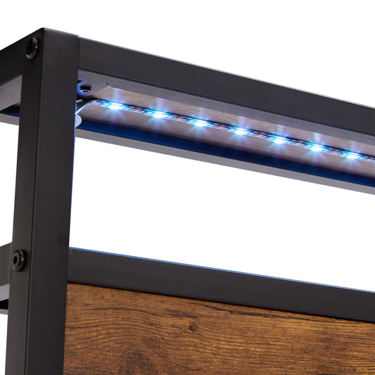 Full Size Metal Bed Frame with Wooden Headboard, LED Lights, USB Charging, No Box Spring Required, Ample Under Bed Storage, Easy Assembly