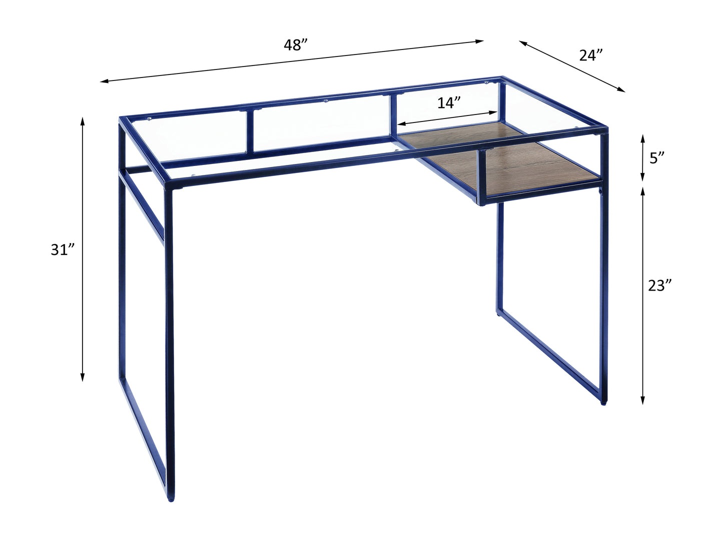 Modern Blue Metal and Glass Writing Desk with Storage Shelf