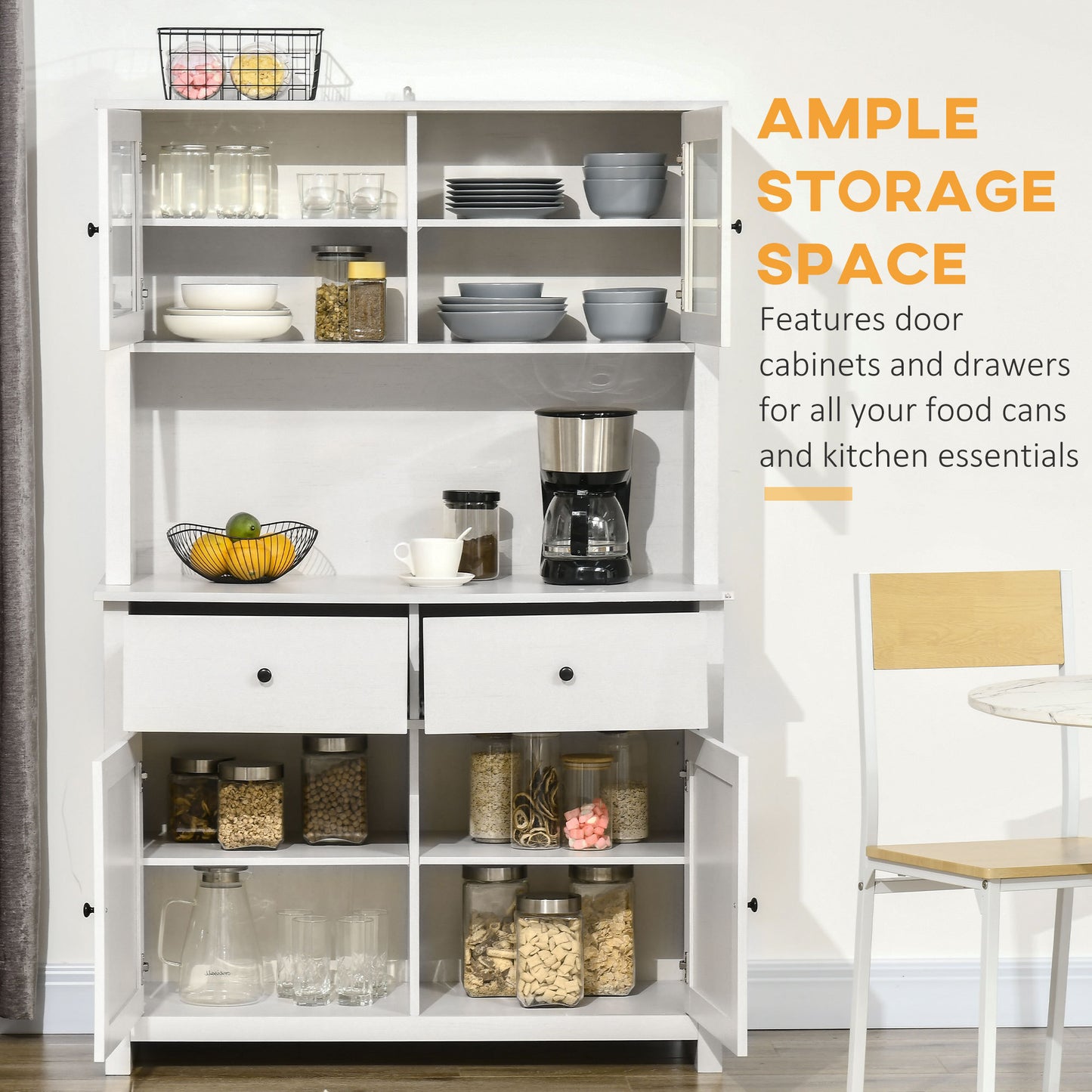 Antique White 63.5" Kitchen Storage Buffet with Hutch and Adjustable Shelves