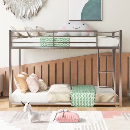 Silver Twin Over Twin Low Metal Bunk Bed with Ladder