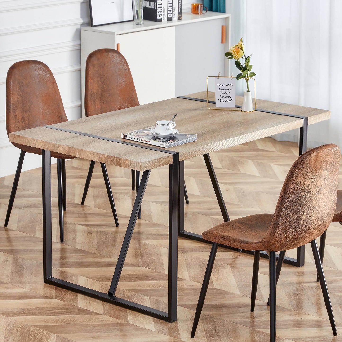 Dining Table For Four To Six Top Black Legs Rustic Brown