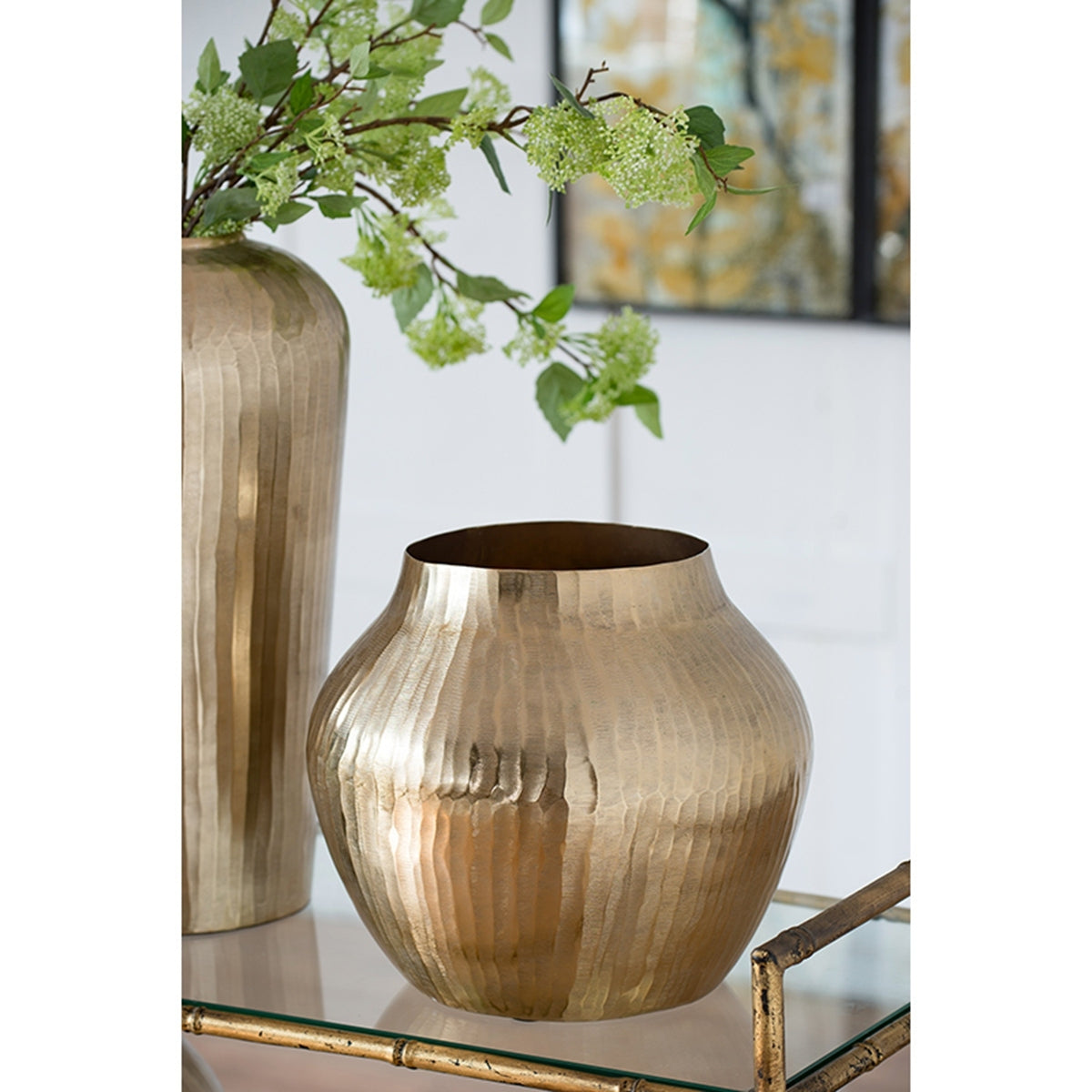 Aluminum Flower Vase, 13.5 x 13.5 x 11.5-Inch Short Round Tabletop Decor, Modern Home Accent Gold