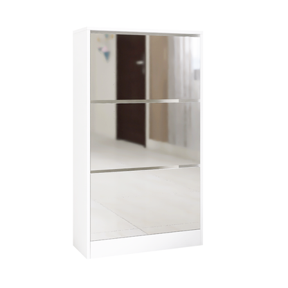 Slim Mirror Shoe Storage Cabinet – 3-Tier Wooden Organizer for Entryway and Bedroom, White Finish