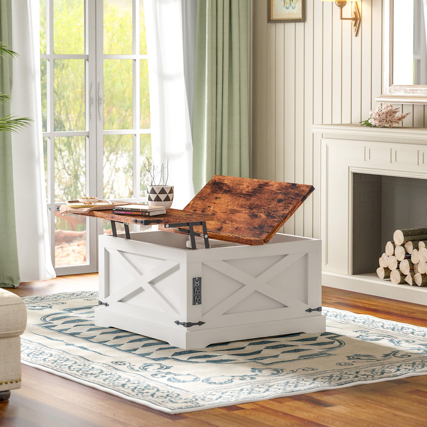 Lift-Top Coffee Table with Storage and USB Ports, 35.4 x 35.4 in, Modern Living Room Table, Vintage White