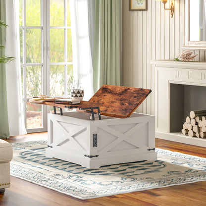 Lift-Top Coffee Table with Storage and USB Ports, 35.4 x 35.4 in, Modern Living Room Table, Vintage White