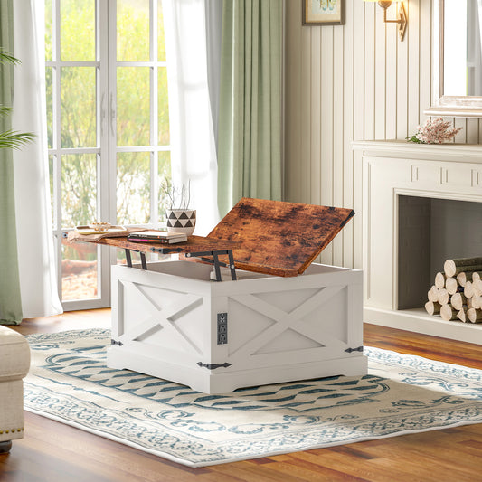 Lift-Top Coffee Table with Storage and USB Ports, 35.4 x 35.4 in, Modern Living Room Table, Vintage White