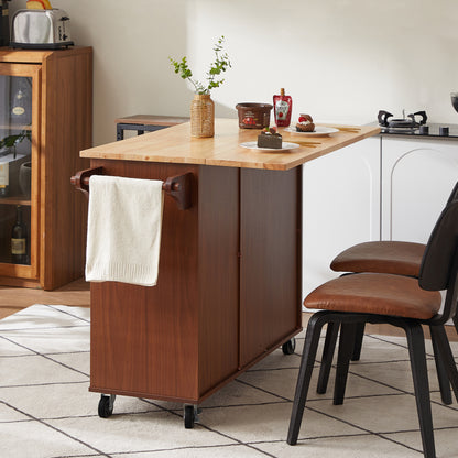 Rolling Kitchen Island Cart with Drop Leaf Tabletop and Storage, Retro Brown Barn Door Design on Wheels
