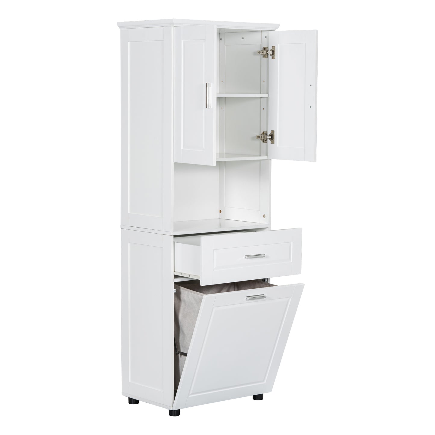 White Tall Storage Cabinet with Tilt-Out Laundry Hamper and Upper Shelves
