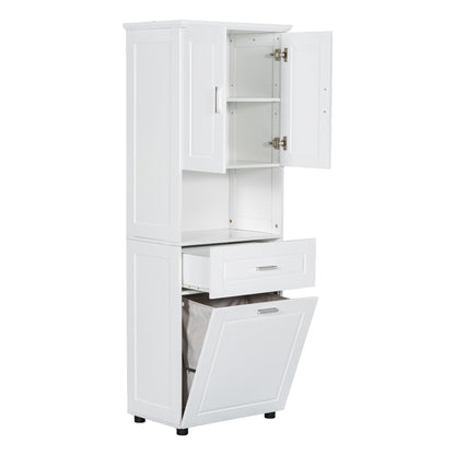 White Tall Storage Cabinet with Tilt-Out Laundry Hamper and Upper Shelves