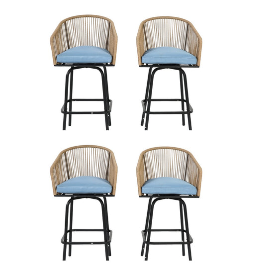 Outdoor Bar Stools Set of 4 With Armrests And Backrest All Weather Rattan Patio Chairs For Backyard Garden Deck Blue