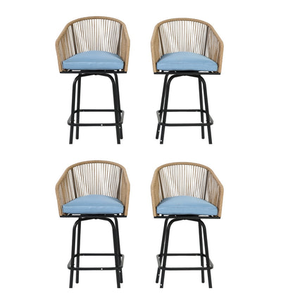 Outdoor Bar Stools Set Of 4 With Armrests For Patio And Backyard All Weather Wicker Chairs Backrest Blue