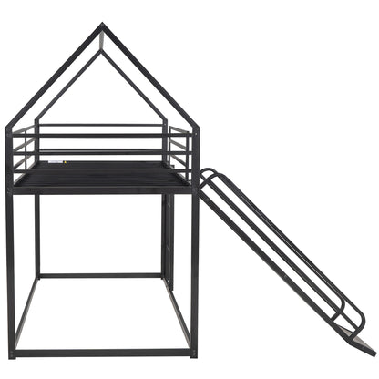 Twin House Bunk Bed with Slide and Ladder in Black for Kids
