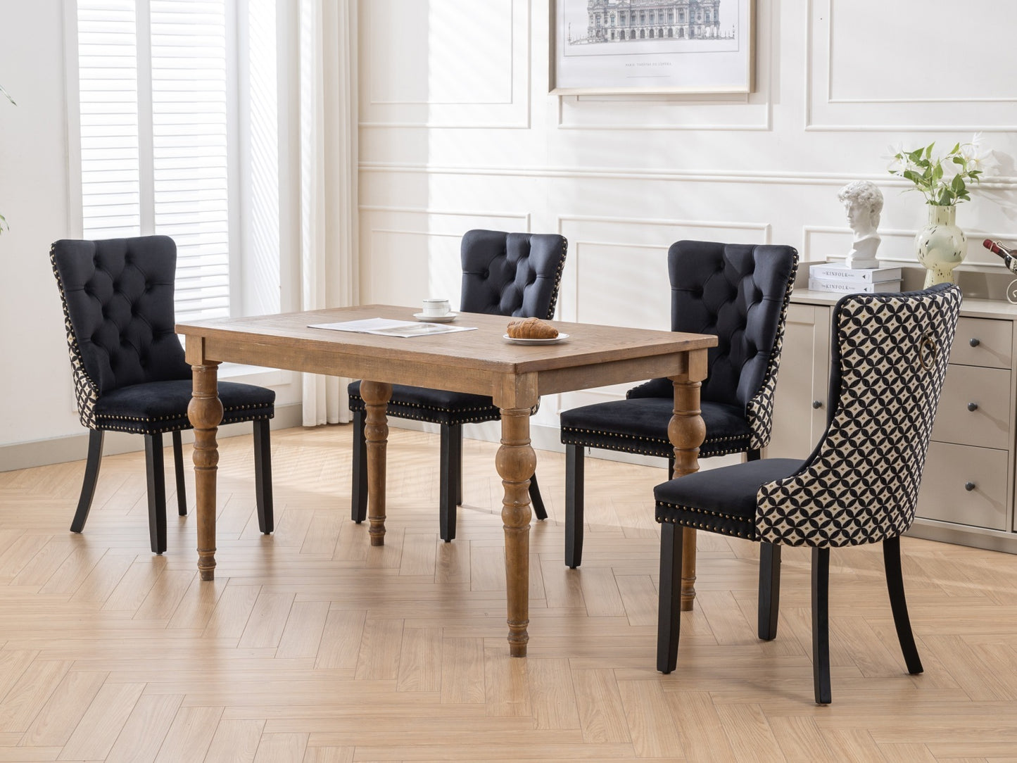 Velvet Dining Chairs Set of 2, Tufted High-Back, Solid Wood Frame, Nailhead Trim, Black & Patterned