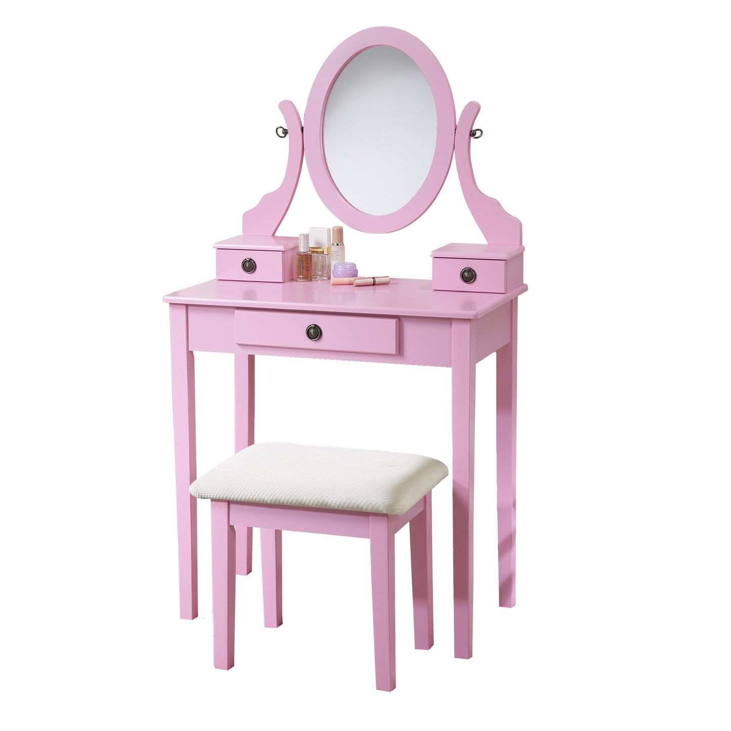 Wood Makeup Vanity Table and Stool Set with Drawers, Perfect for Bedroom Vanity Space, Pink