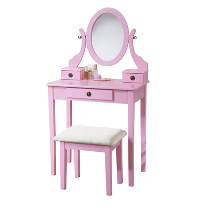 Wood Makeup Vanity Table and Stool Set with Drawers, Perfect for Bedroom Vanity Space, Pink