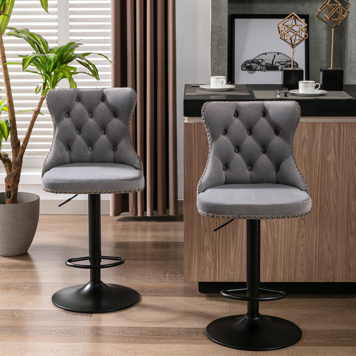 AA Velvet Swivel Bar Stools Adjustable 25 33 Gray Set of 2
