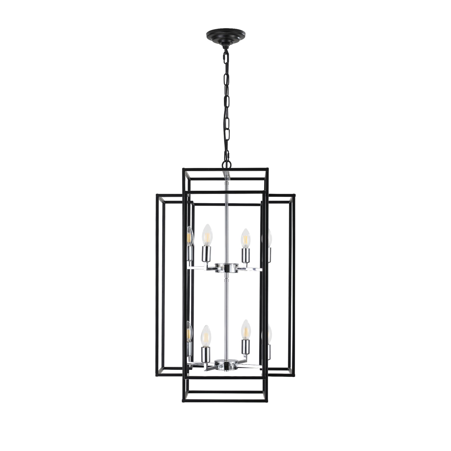 8-Light Lantern Pendant Light Industrial Farmhouse Chandelier for Entryway, Kitchen Island Black & Silver