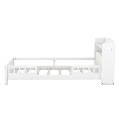 Contemporary Twin Wooden Platform Bed with LED Headboard Storage and Safety Guardrails in White