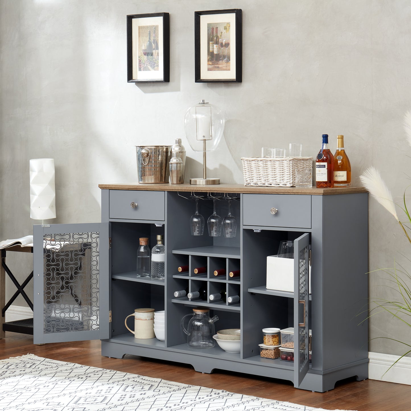 Light Blue Farmhouse Buffet Cabinet With Glass Doors