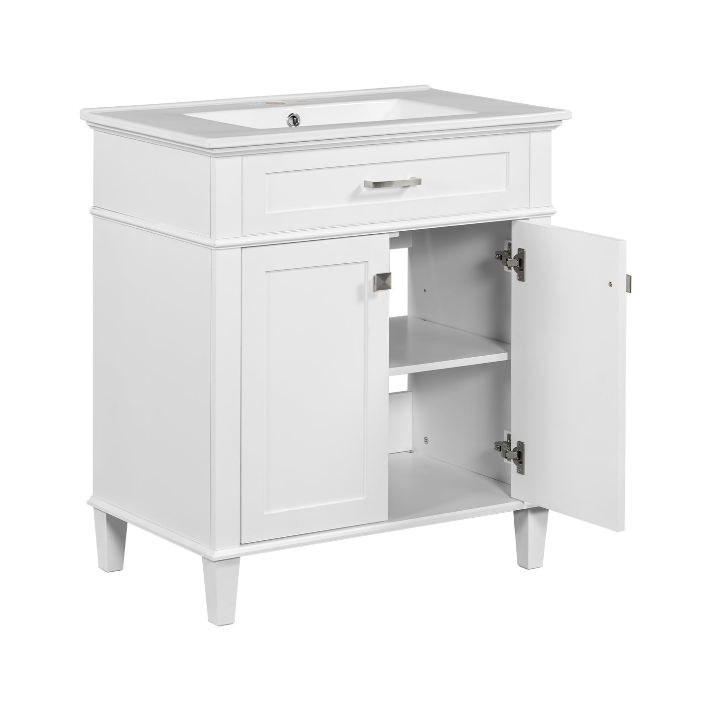 Stylish 30-Inch Bathroom Vanity with Elegant Ceramic Sink, Soft Close Doors, and Adjustable Storage Shelves