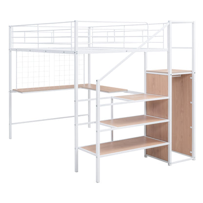 Stylish Full Size Metal Loft Bed with Integrated Desk and Storage Solutions in White