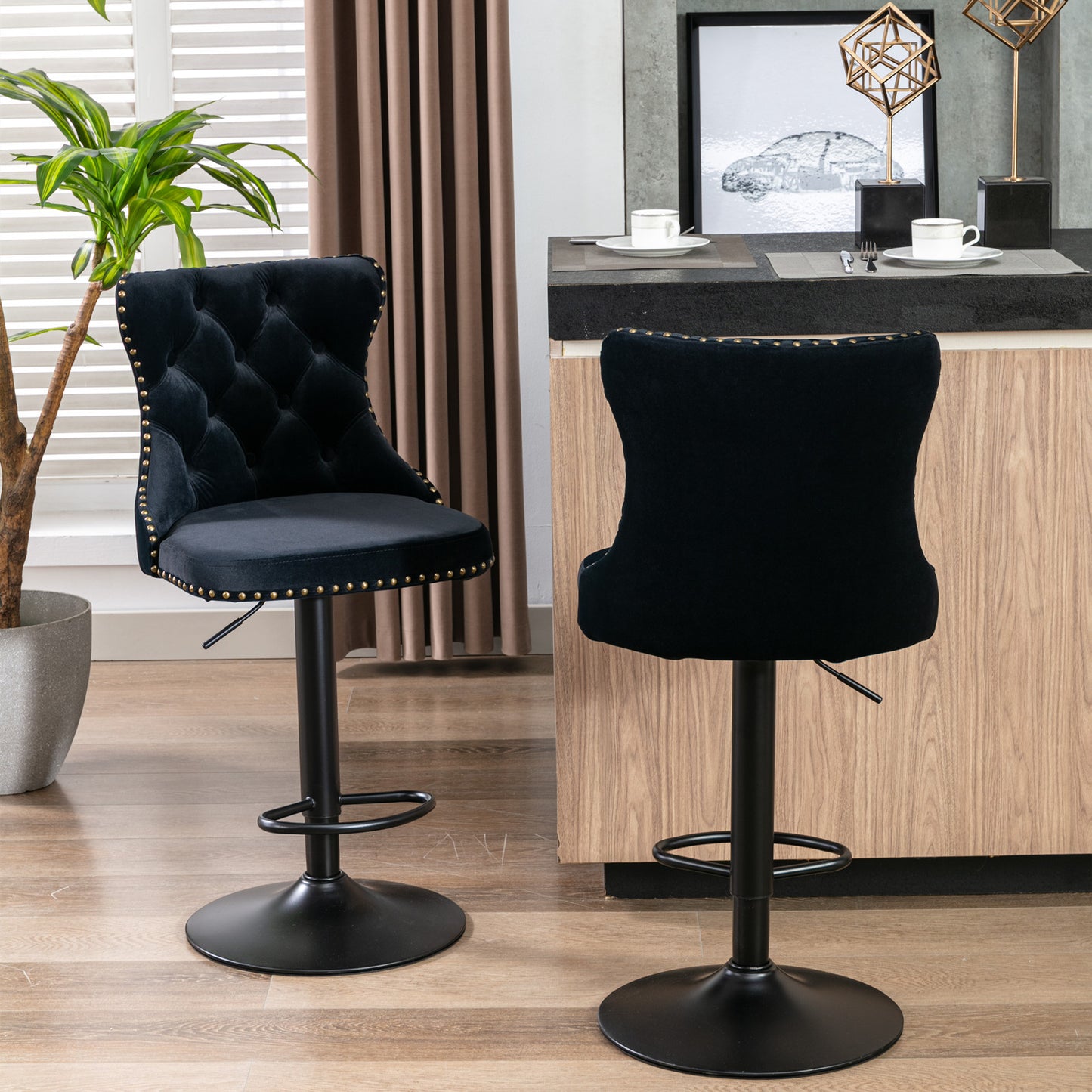 Velvet Swivel Bar Stools Set 2 Adjustable 25 33in Black