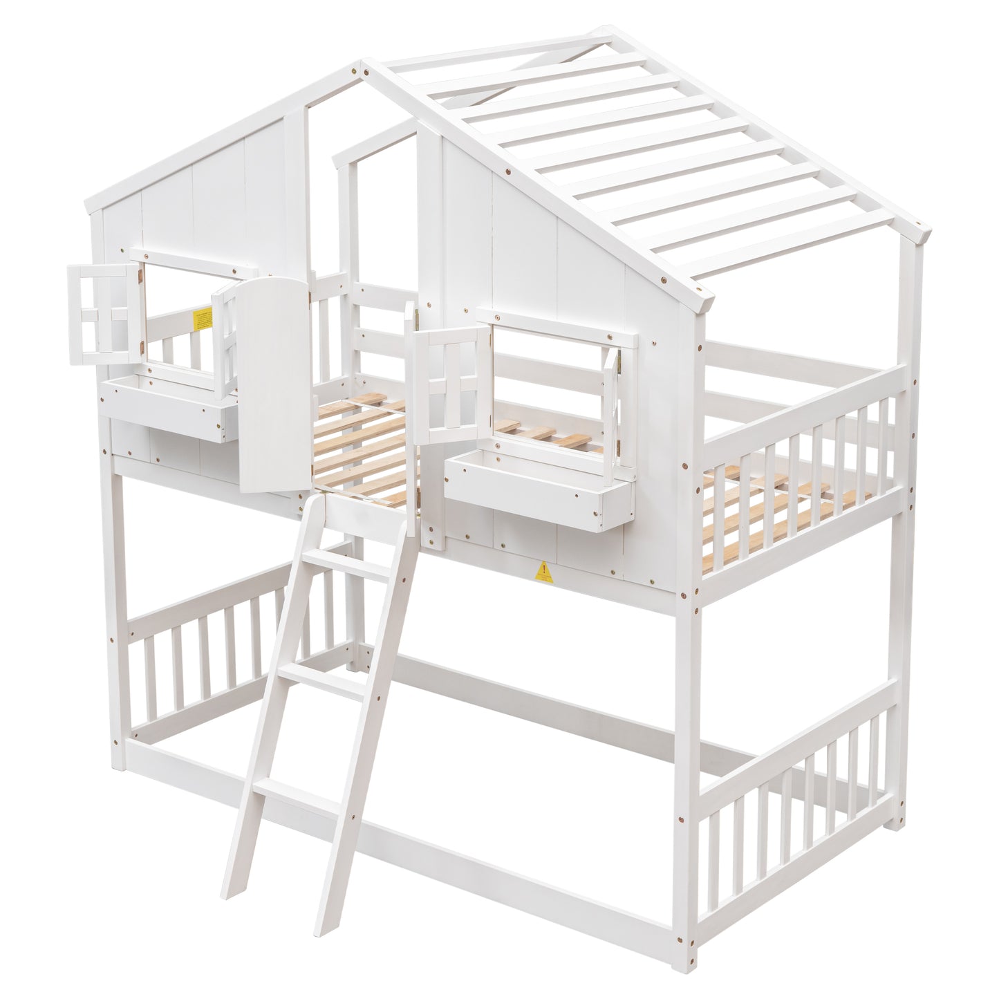Charming Twin Over Twin House Bunk Bed with Roof and Window Features, Safety Guardrails and Ladder, White