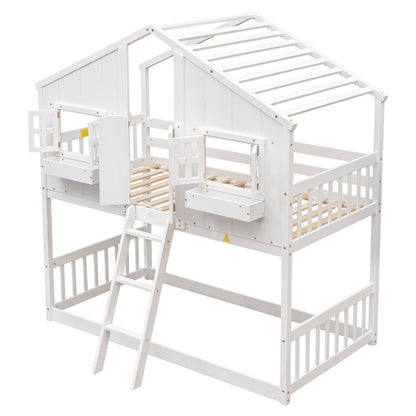 Charming Twin Over Twin House Bunk Bed with Roof and Window Features, Safety Guardrails and Ladder, White