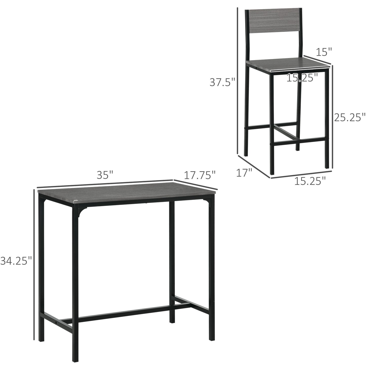 3-Piece Counter-Height Bar Table and Stools Set, Industrial MDF Dining, Kitchen Nook Gray