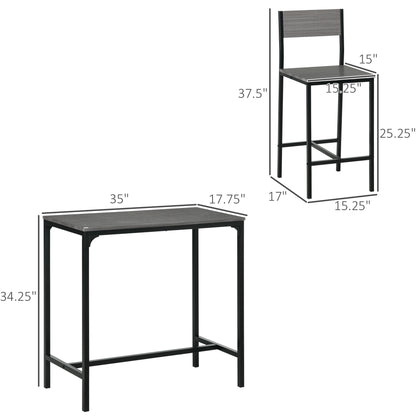 3-Piece Counter-Height Bar Table and Stools Set, Industrial MDF Dining, Kitchen Nook Gray