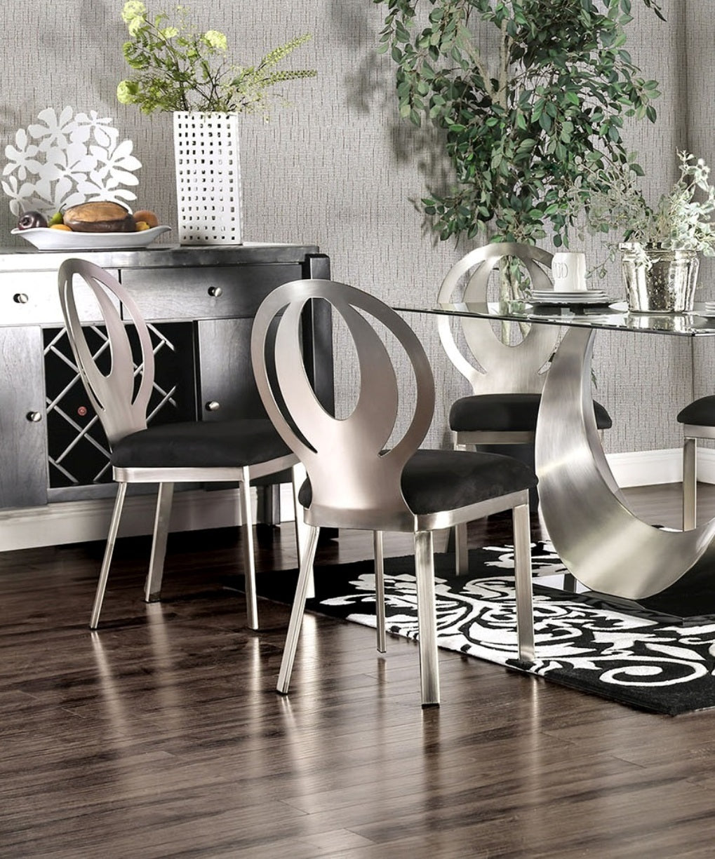 Contemporary 2pc Metal-Frame Dining Chairs with Microfiber Seats, Oval Back, Powder-Coated Satin Finish Black